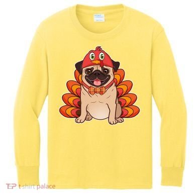Thanksgiving Turkey Pug Kids Long Sleeve Shirt