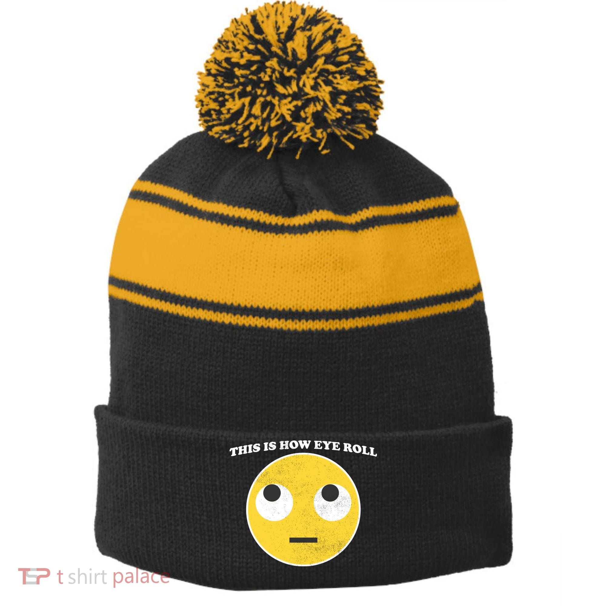 That's How I Roll Eyes Emoji Face Stripe Pom Pom Beanie