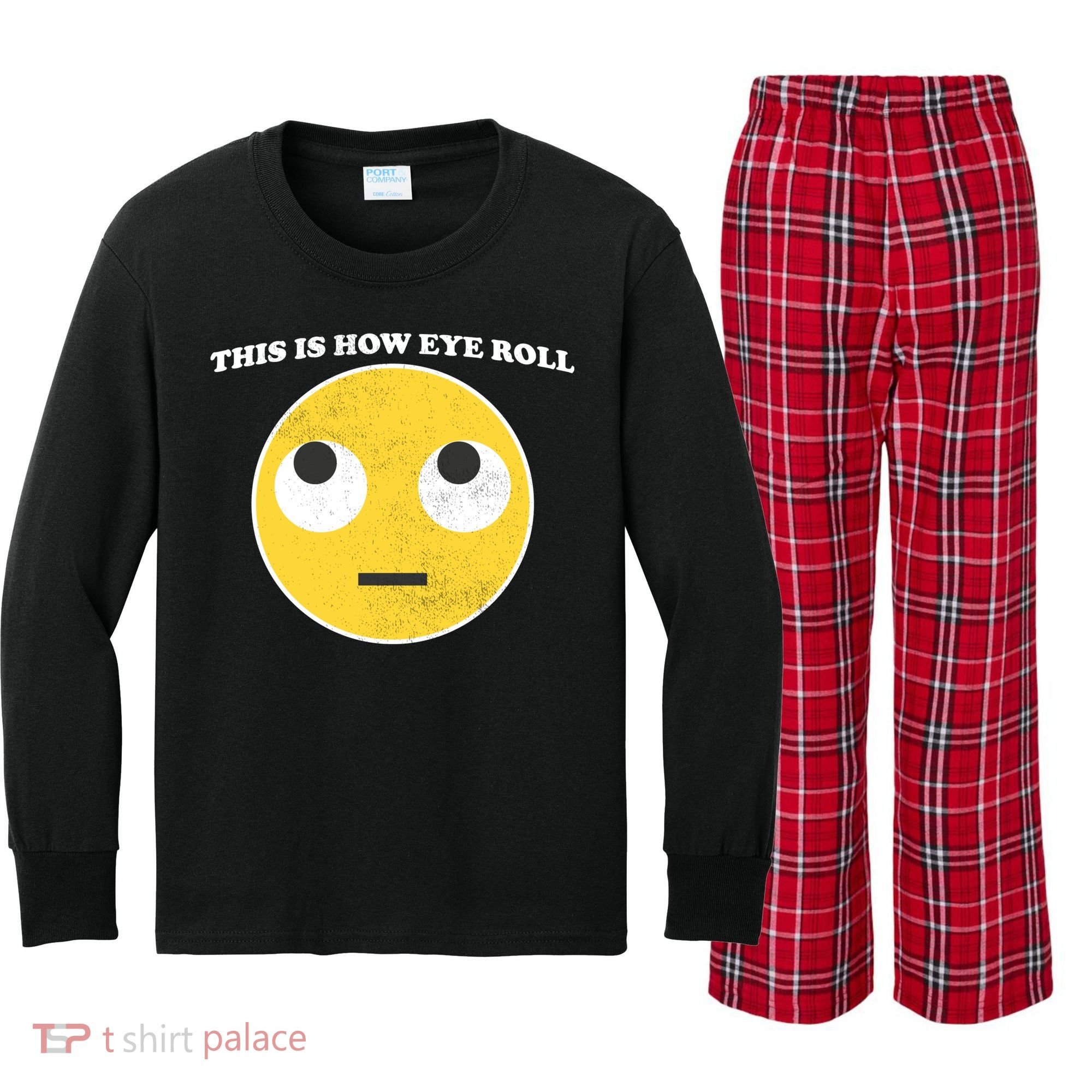 That's How I Roll Eyes Emoji Face Kids Long Sleeve Plaid Pajama Set