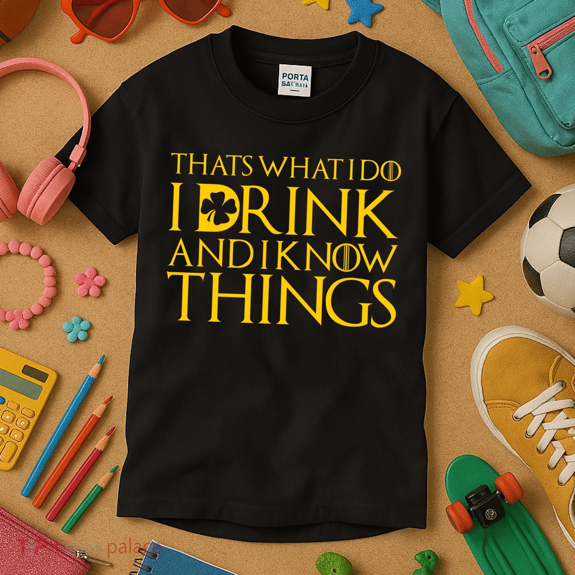 Thats What I Do I Drink and I Know Things St Patricks Day Clover Kids T-Shirt