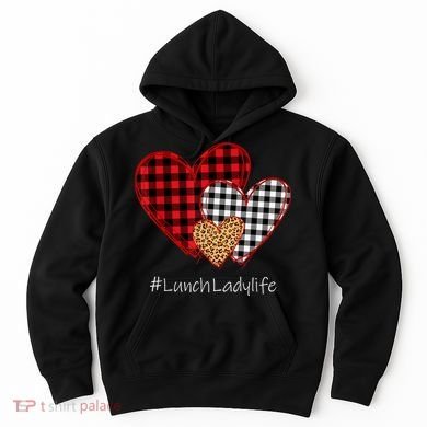 Three Hearts Buffalo Plaid Lunch Lady Valentine's Day Hoodie