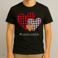 Three Hearts Buffalo Plaid Lunch Lady Valentine's Day T-Shirt thumb 3