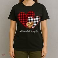 Three Hearts Buffalo Plaid Lunch Lady Valentine's Day T-Shirt thumb 4