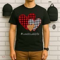 Three Hearts Buffalo Plaid Lunch Lady Valentine's Day T-Shirt thumb 6
