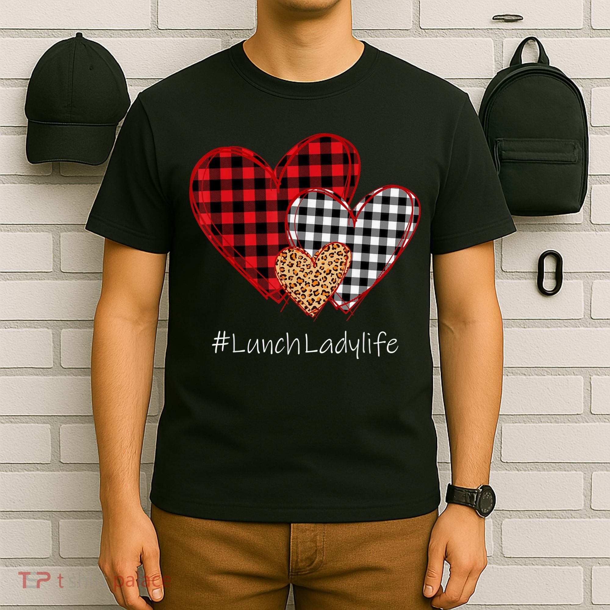 Three Hearts Buffalo Plaid Lunch Lady Valentine's Day T-Shirt