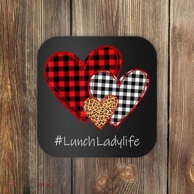 Three Hearts Buffalo Plaid Lunch Lady Valentine's Day Coaster
