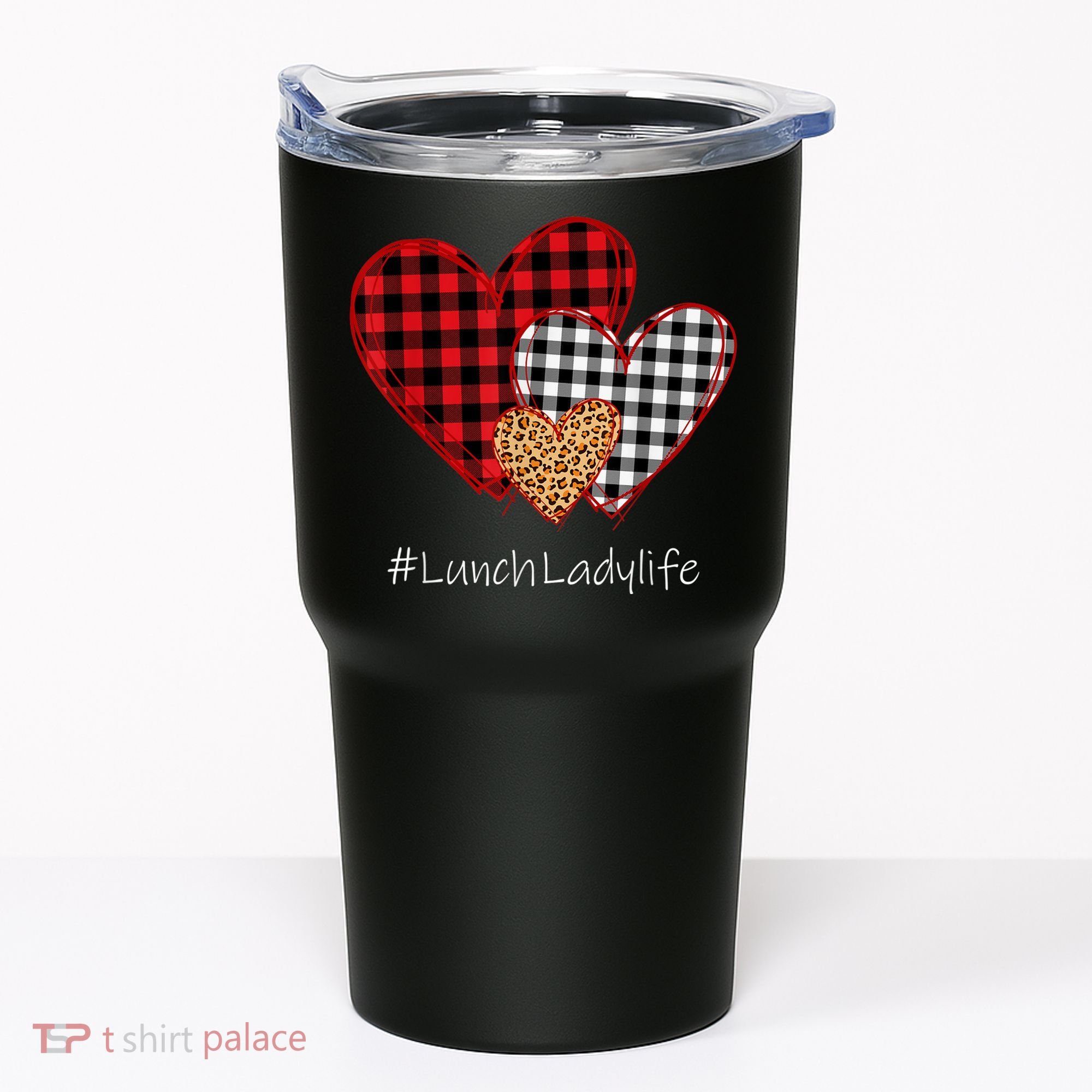 Three Hearts Buffalo Plaid Lunch Lady Valentine's Day Tumbler