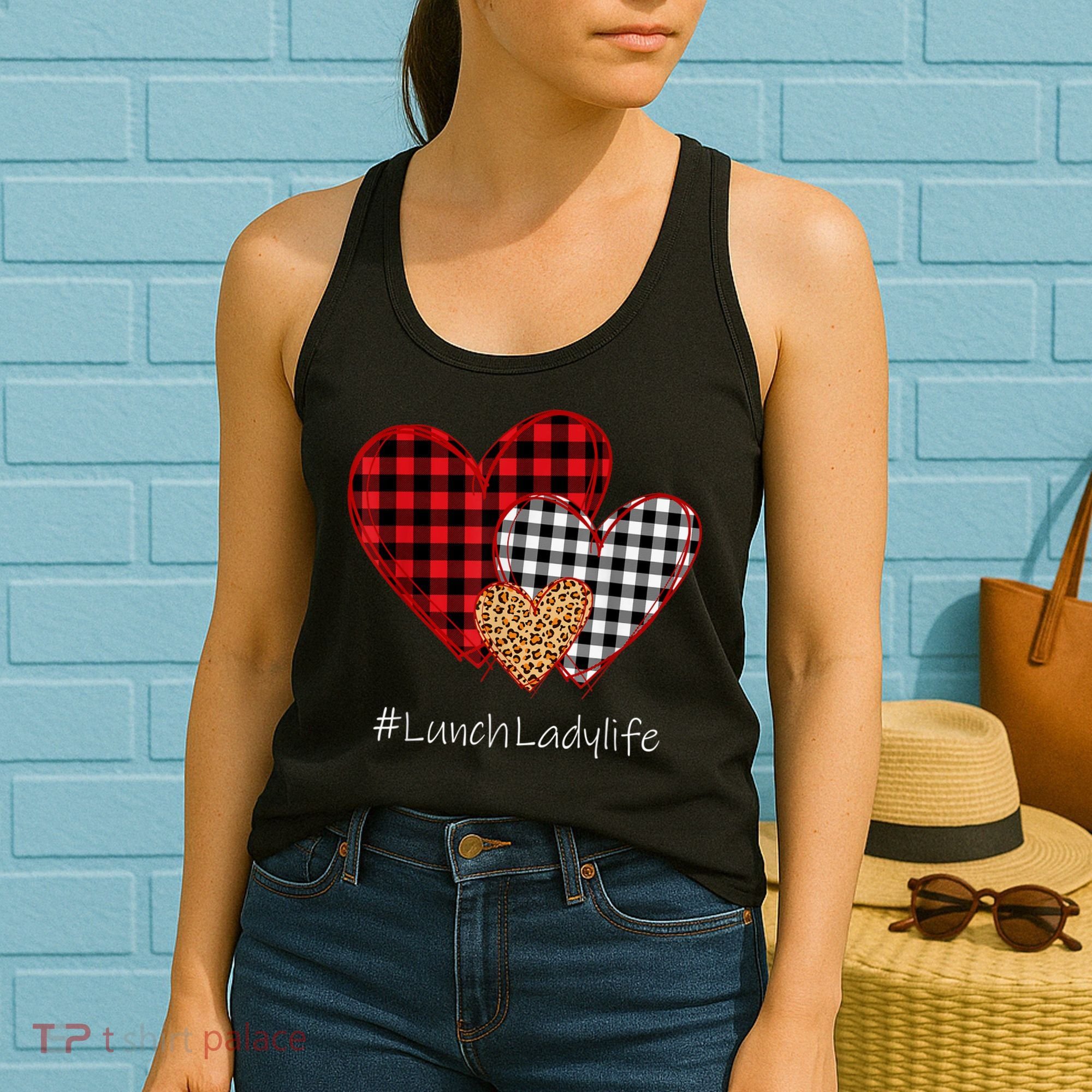 Three Hearts Buffalo Plaid Lunch Lady Valentine's Day Women's Tank Top