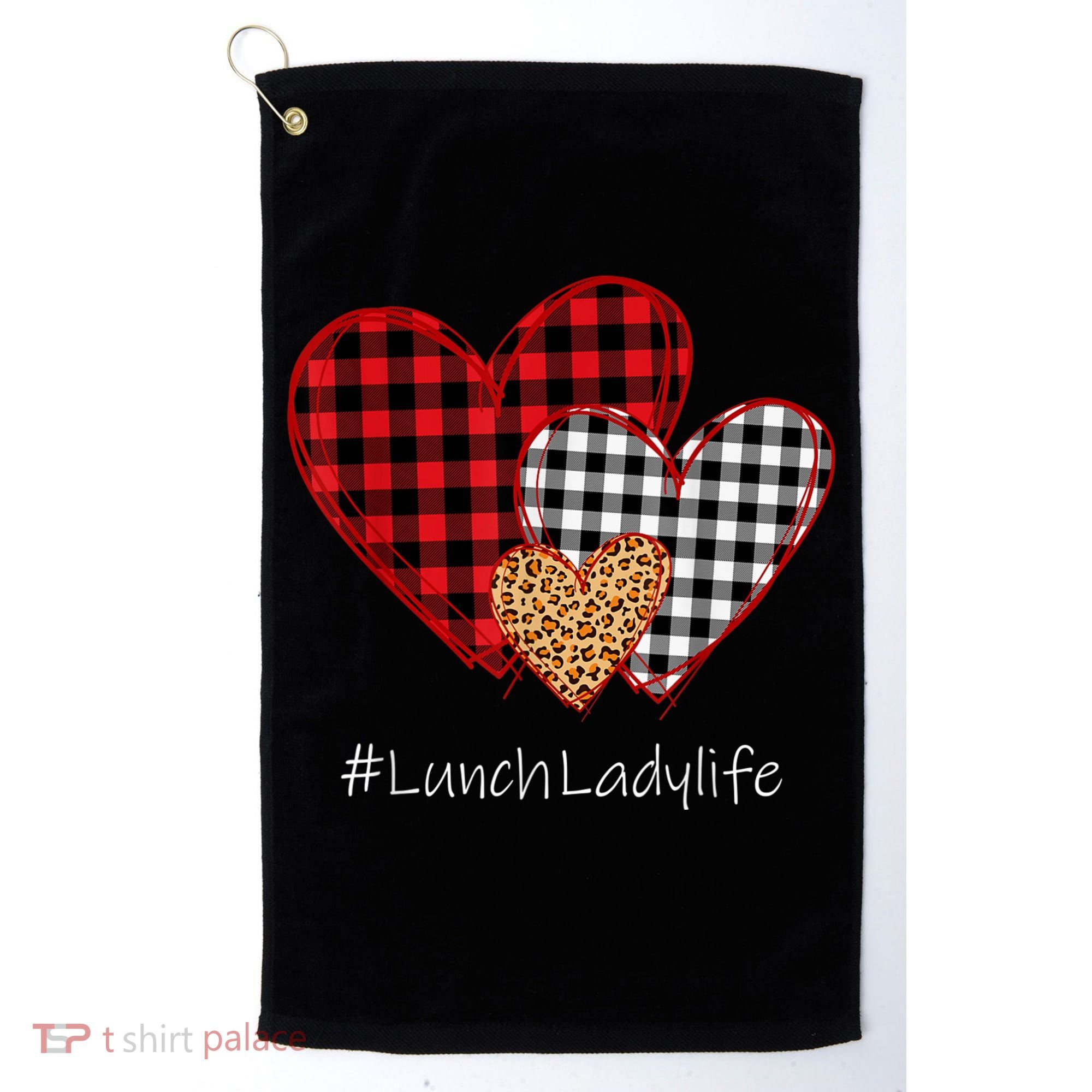 Three Hearts Buffalo Plaid Lunch Lady Valentine's Day Golf Towel