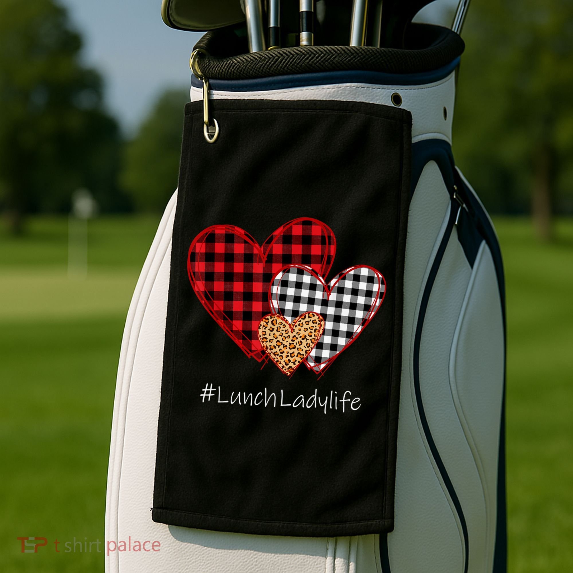 Three Hearts Buffalo Plaid Lunch Lady Valentine's Day Golf Towel