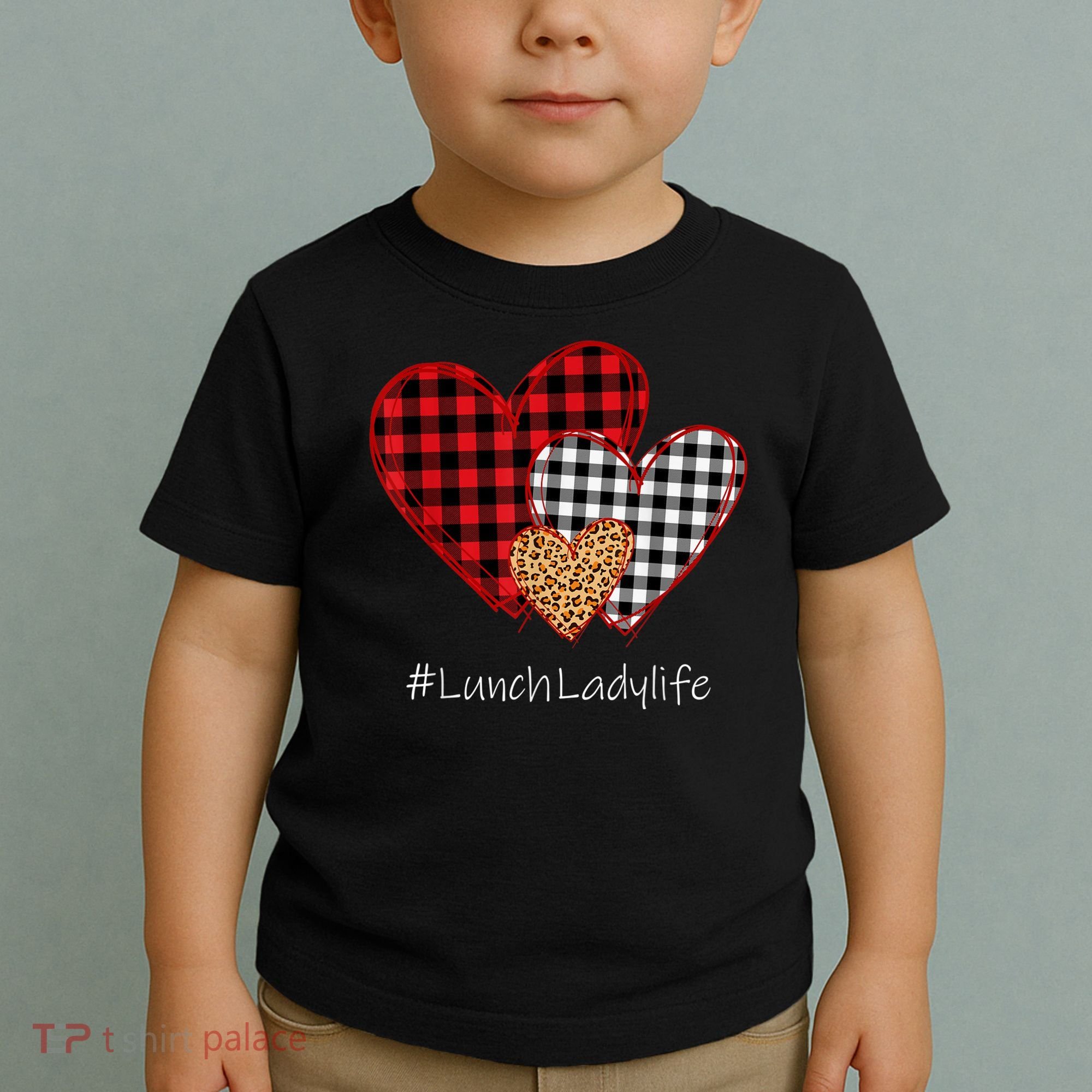 Three Hearts Buffalo Plaid Lunch Lady Valentine's Day Toddler T-Shirt