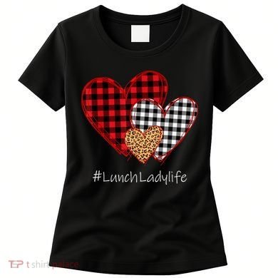 Three Hearts Buffalo Plaid Lunch Lady Valentine's Day Women's T-Shirt