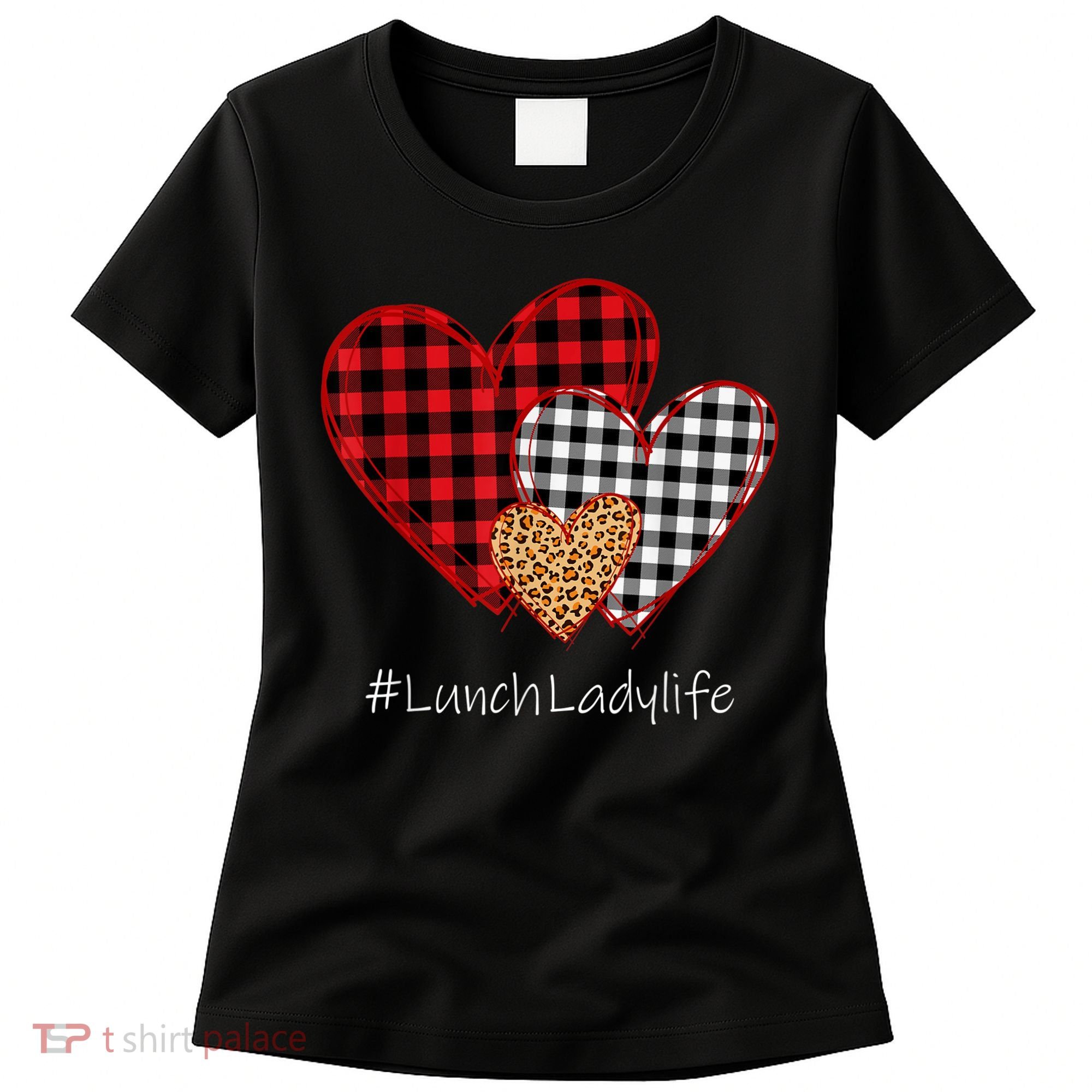 Three Hearts Buffalo Plaid Lunch Lady Valentine's Day Women's T-Shirt