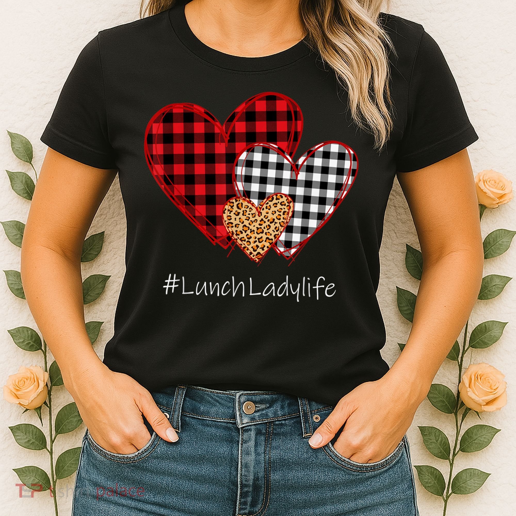 Three Hearts Buffalo Plaid Lunch Lady Valentine's Day Women's T-Shirt