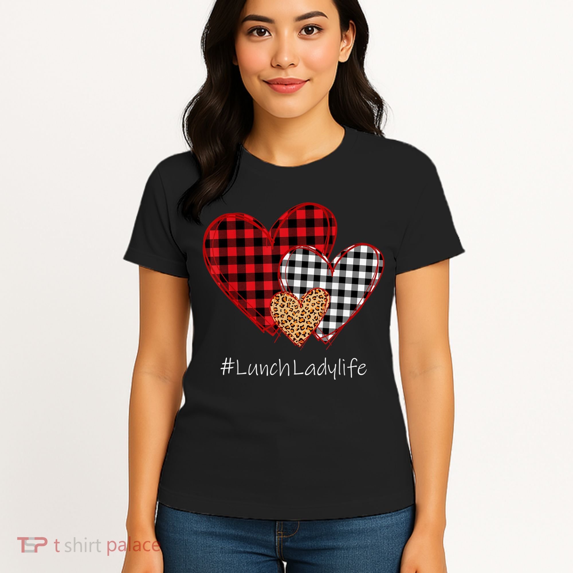 Three Hearts Buffalo Plaid Lunch Lady Valentine's Day Women's T-Shirt