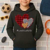 Three Hearts Buffalo Plaid Lunch Lady Valentine's Day Kids Hoodie thumb 2