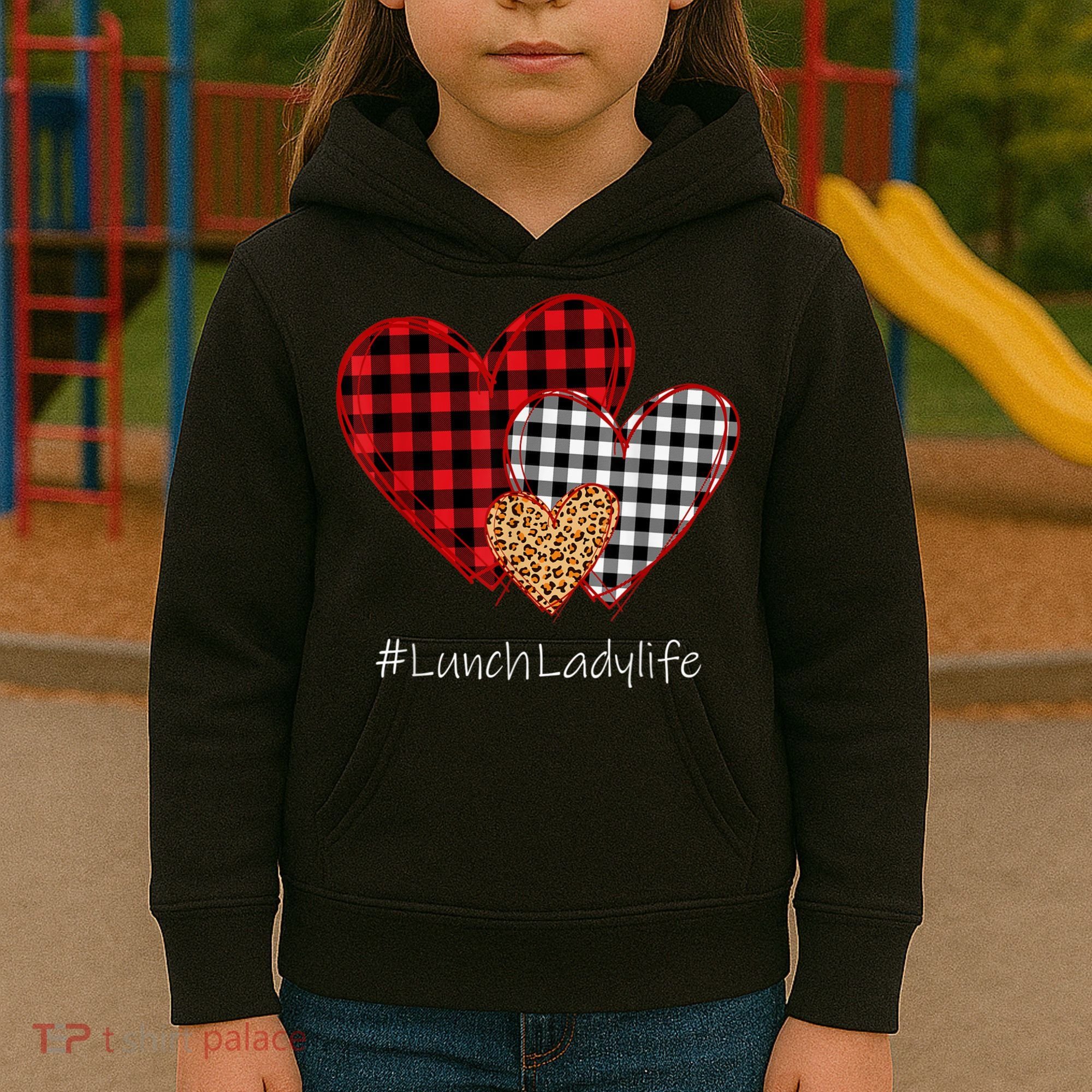 Three Hearts Buffalo Plaid Lunch Lady Valentine's Day Kids Hoodie