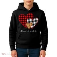 Three Hearts Buffalo Plaid Lunch Lady Valentine's Day Kids Hoodie thumb 4