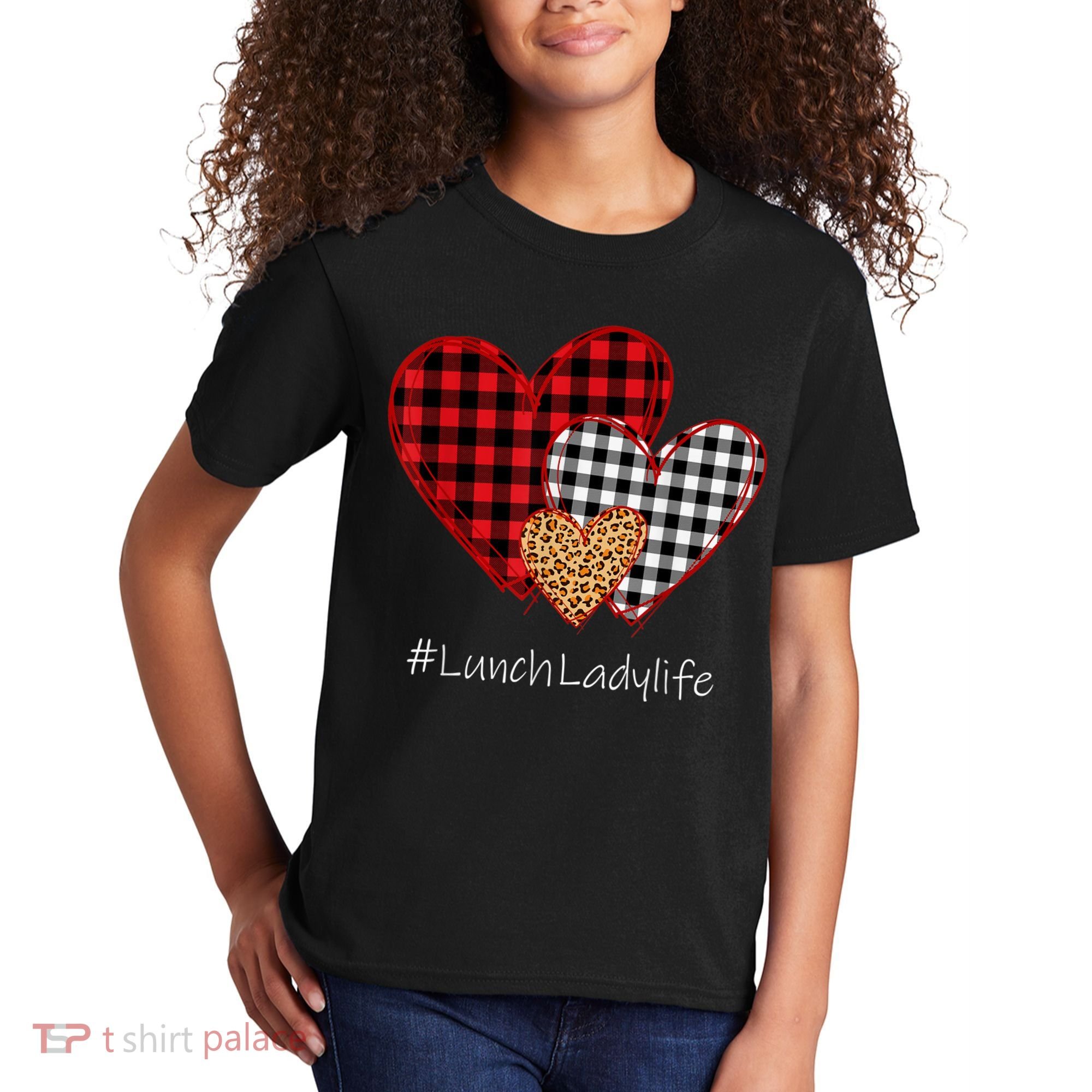 Three Hearts Buffalo Plaid Lunch Lady Valentine's Day Kids T-Shirt