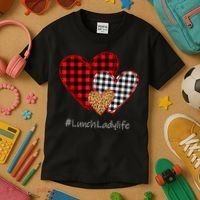 Three Hearts Buffalo Plaid Lunch Lady Valentine's Day Kids T-Shirt thumb 3