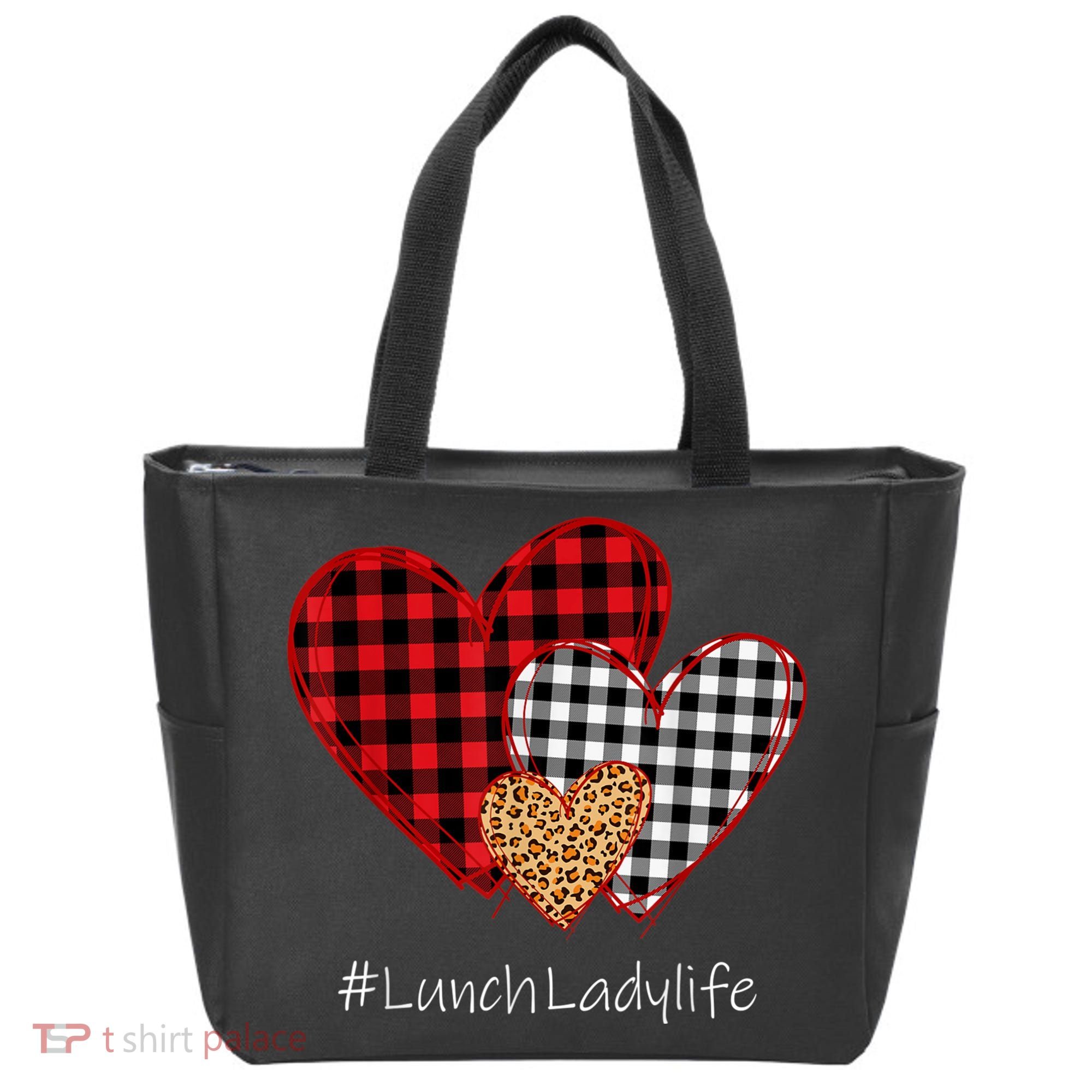 Three Hearts Buffalo Plaid Lunch Lady Valentine's Day Tote Bag