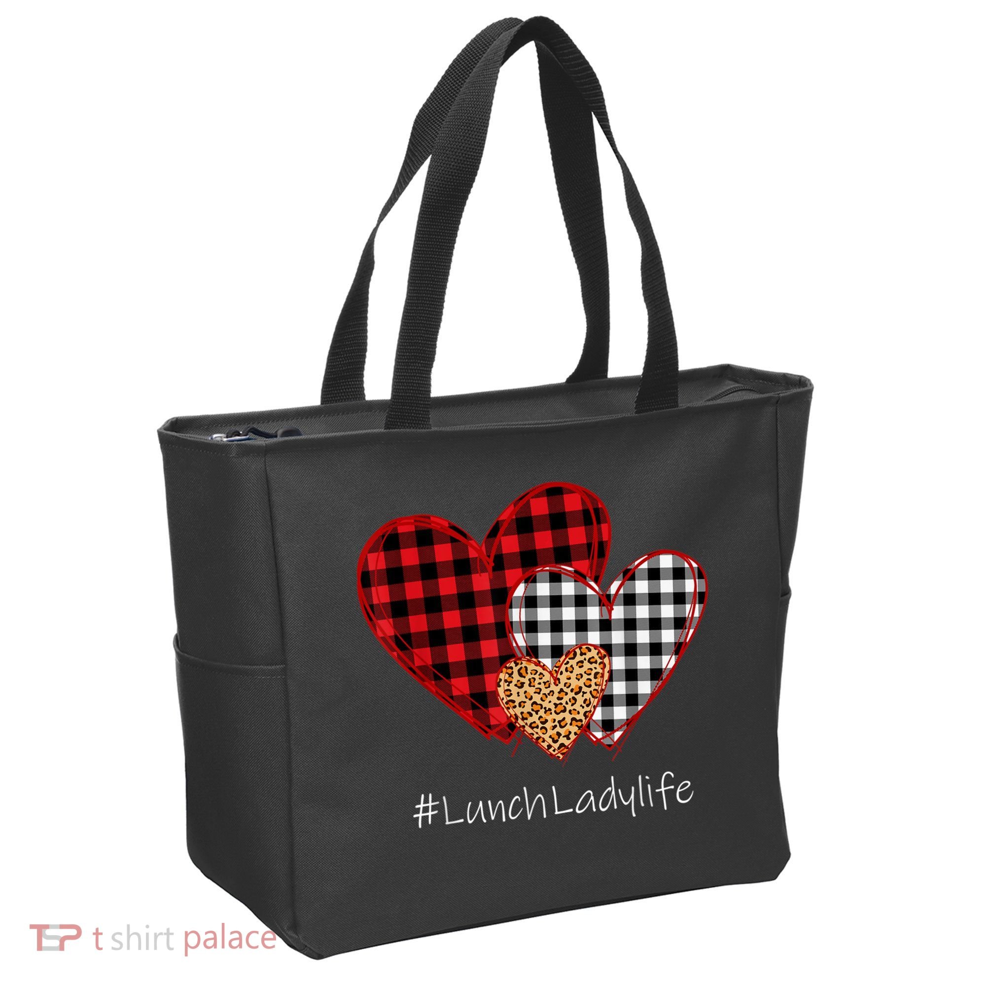 Three Hearts Buffalo Plaid Lunch Lady Valentine's Day Tote Bag
