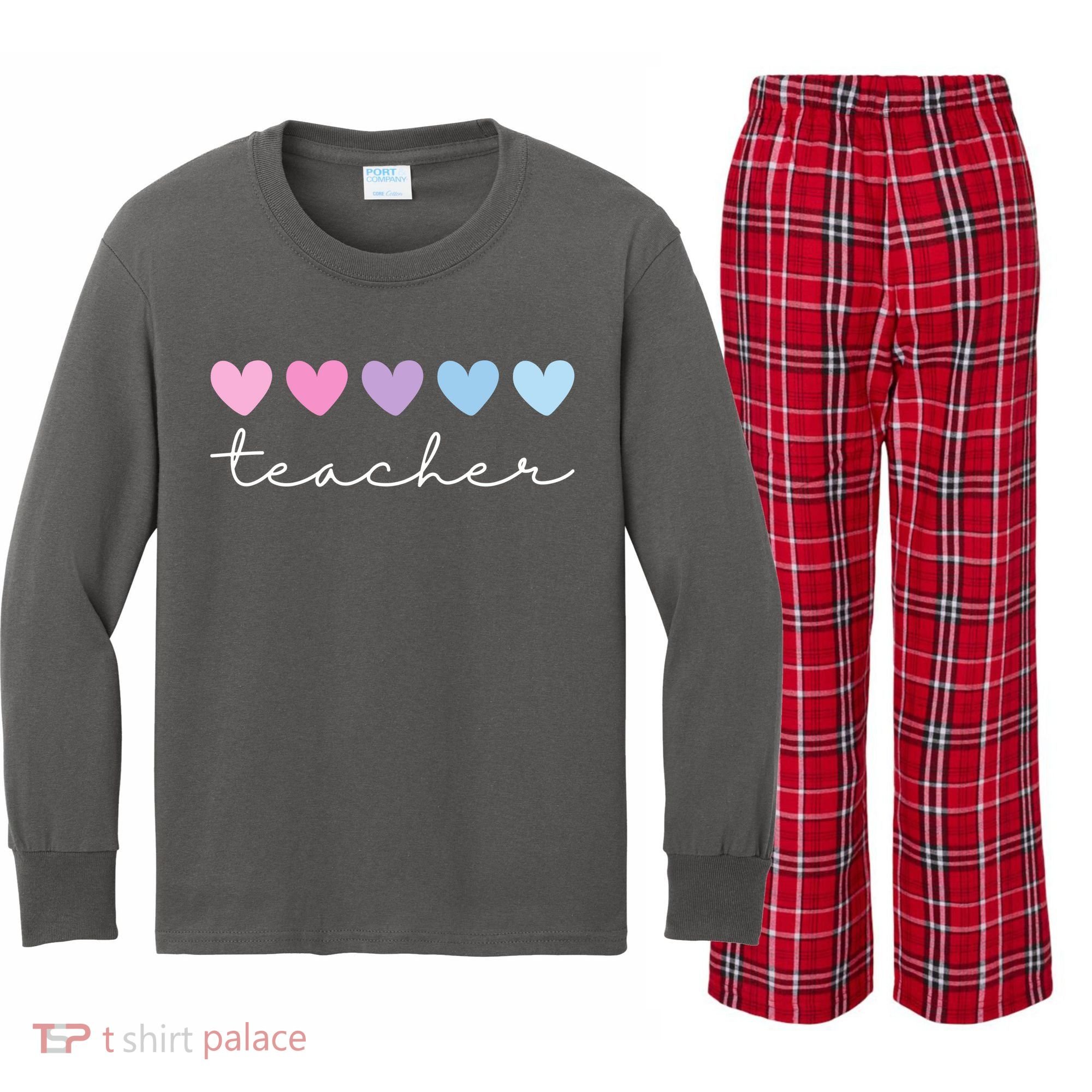 Teacher Hearts Cute Gift Kids Long Sleeve Plaid Pajama Set