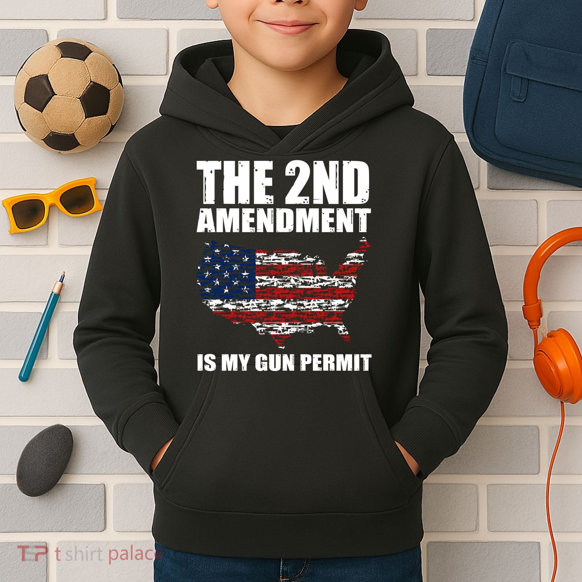 The 2nd Amendment Is My Gun Permit American Gun Flag Kids Hoodie