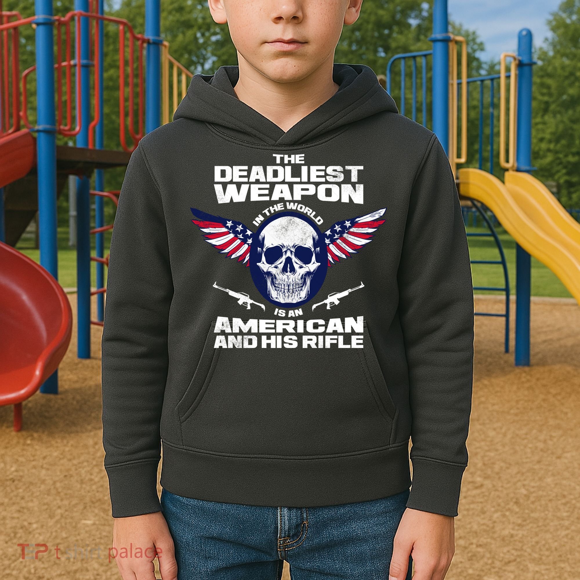 The Deadliest Weapon American And His Rifle Kids Hoodie