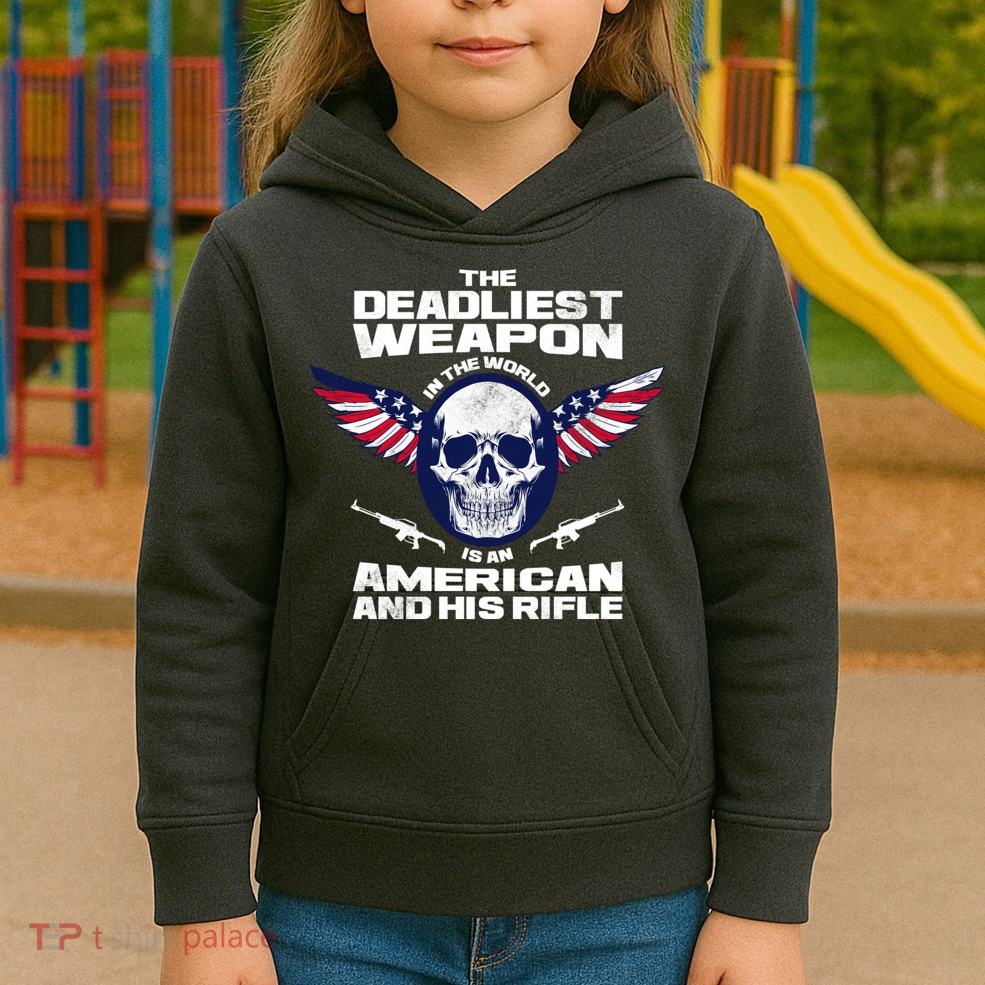 The Deadliest Weapon American And His Rifle Kids Hoodie