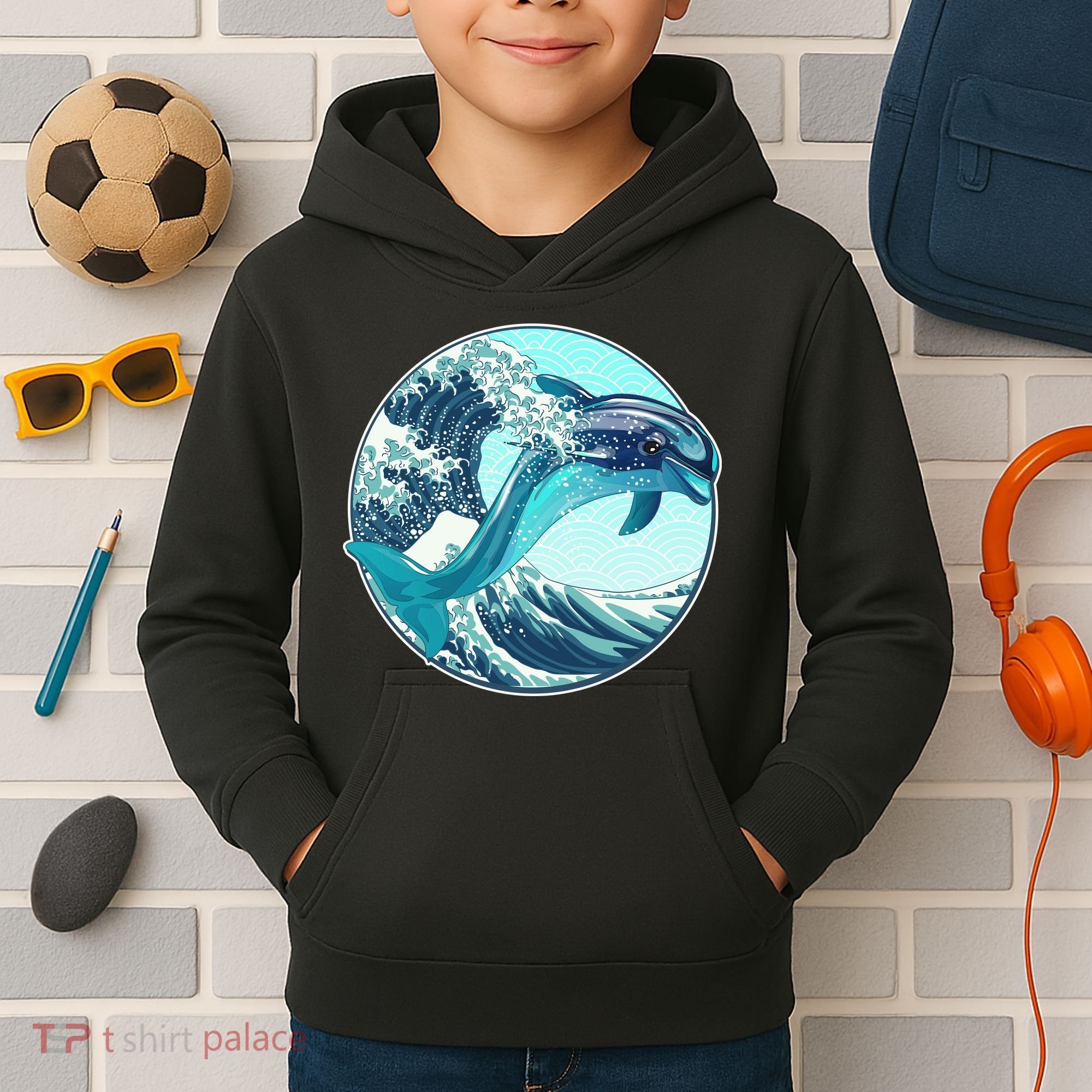 The Great Wave Dolphin Kids Hoodie