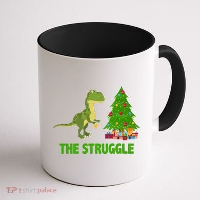 The Struggle T-rex Christmas Tree Coffee Mug back