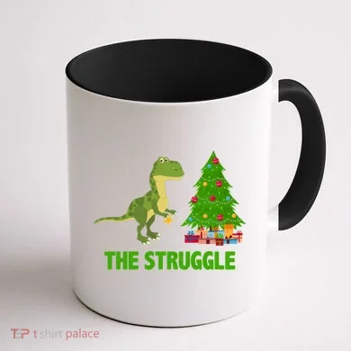 The Struggle T-rex Christmas Tree Coffee Mug back