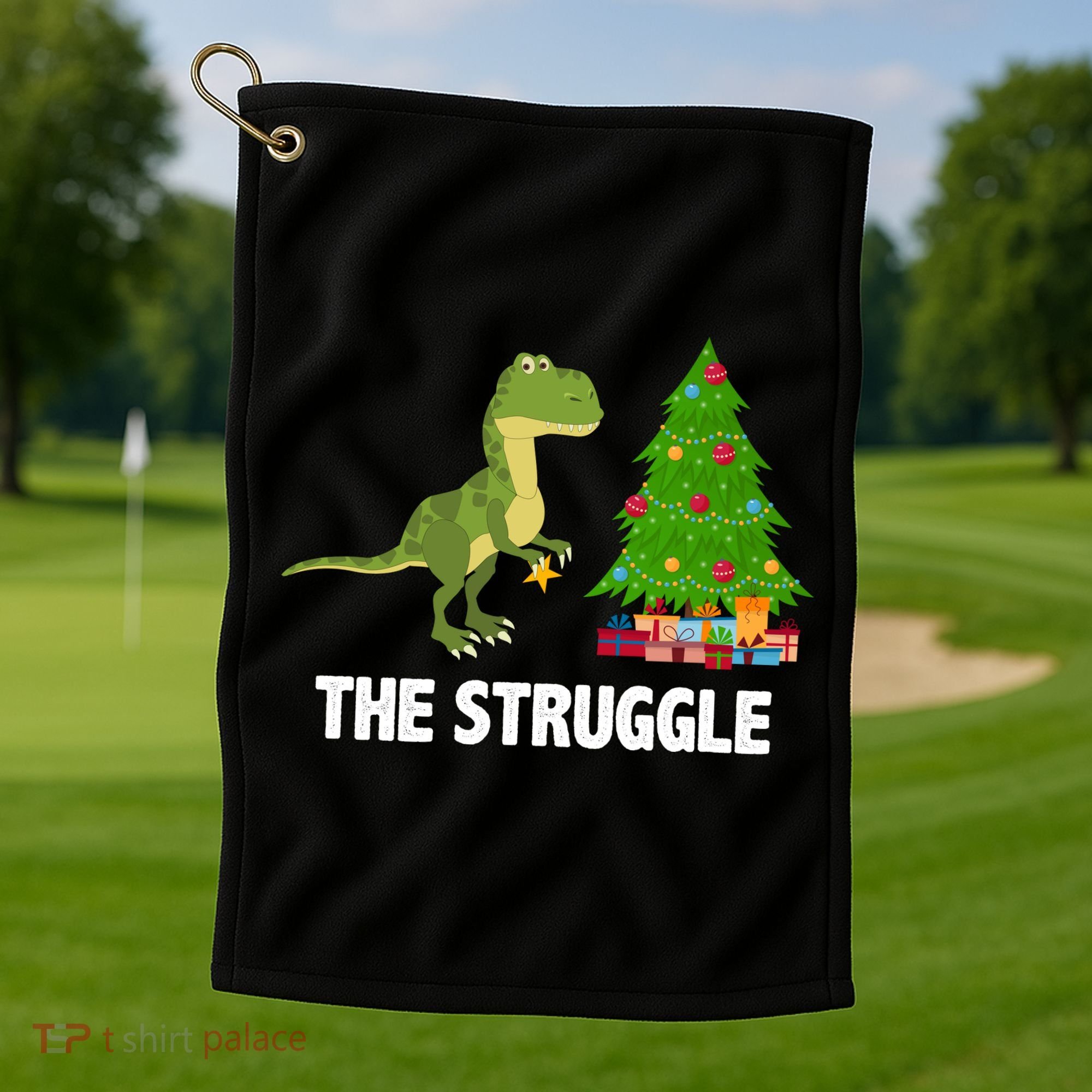 The Struggle T-rex Christmas Tree Golf Towel