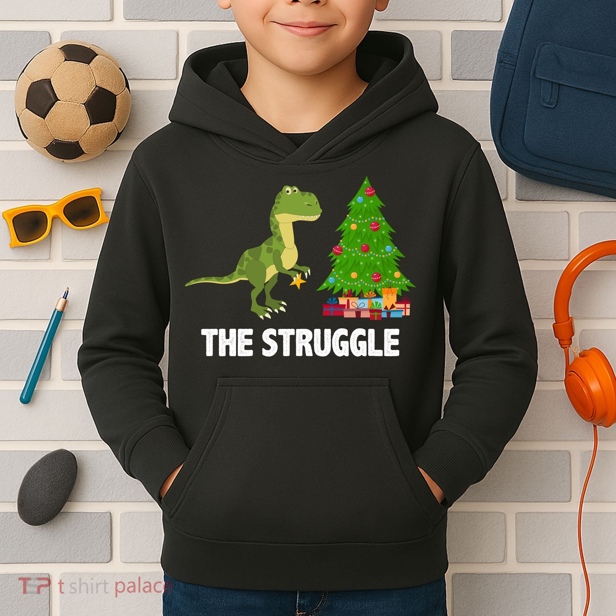 The Struggle T-rex Christmas Tree Kids Hoodie