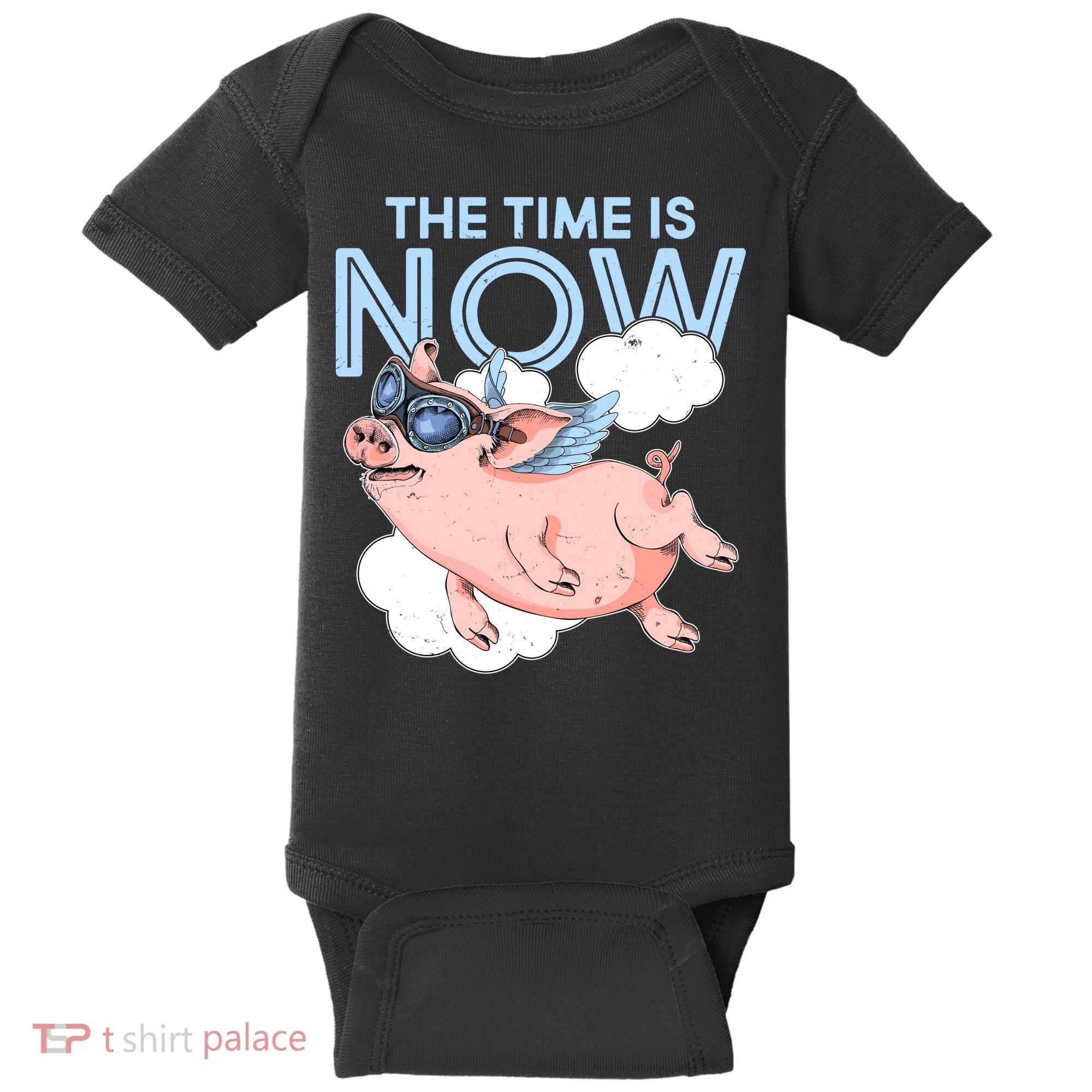 The Time Is Now Flying Pig Baby Bodysuit