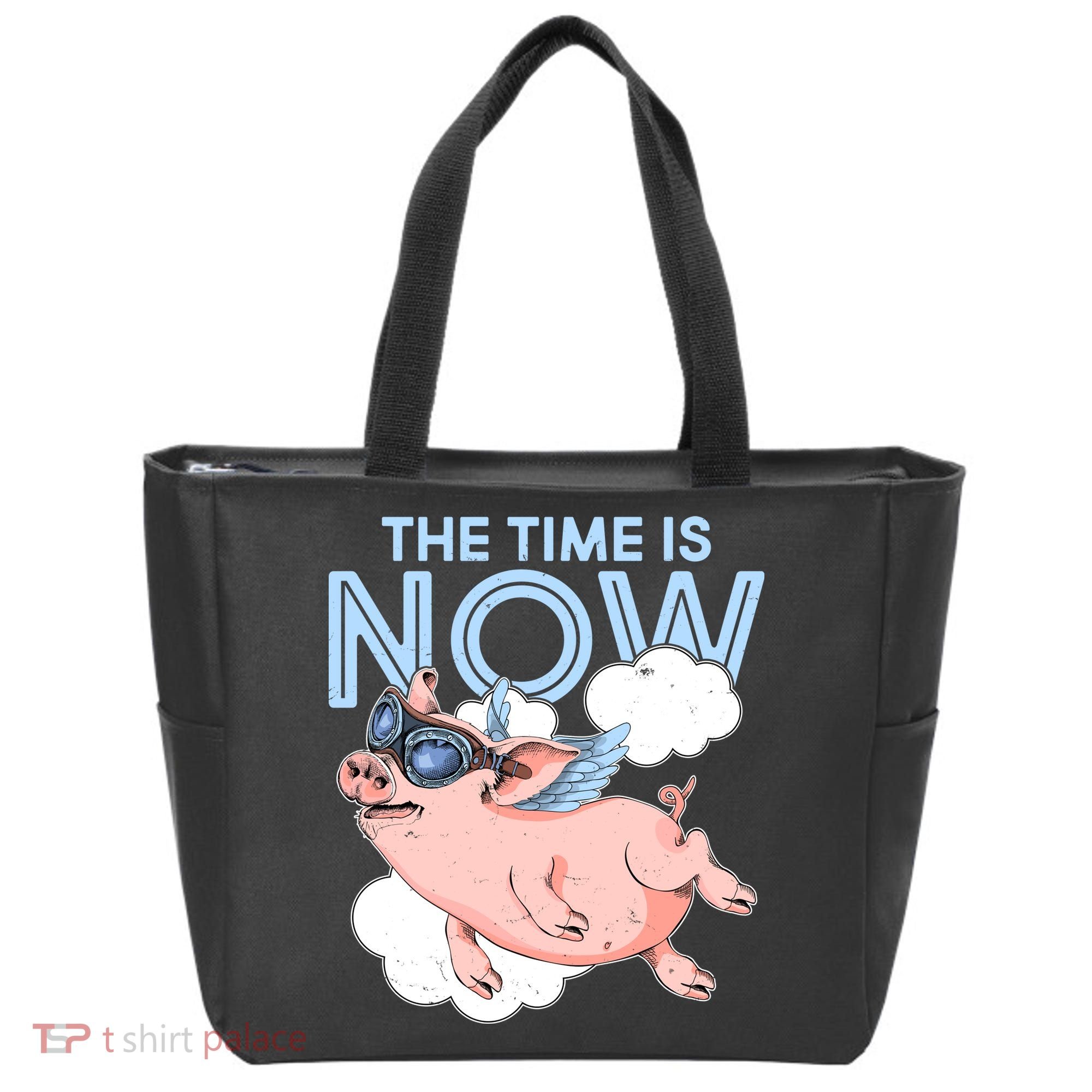 The Time Is Now Flying Pig Tote Bag