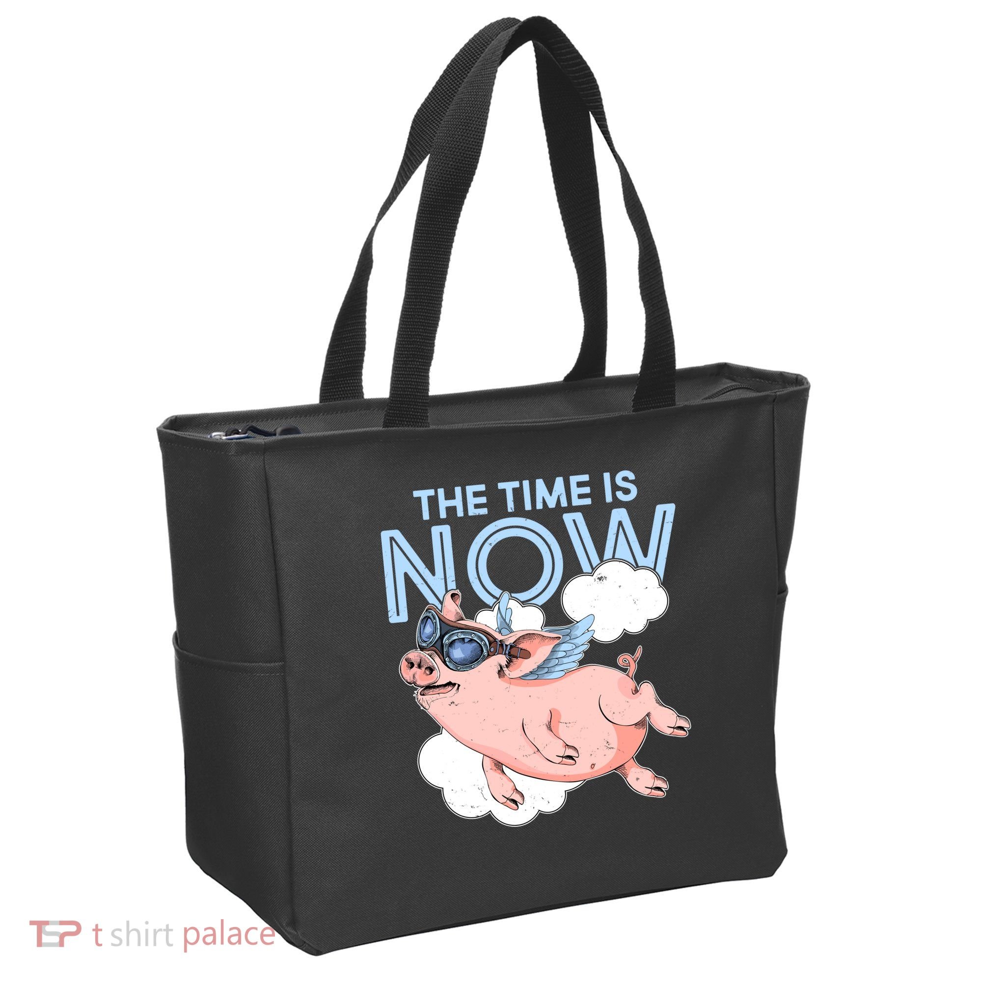 The Time Is Now Flying Pig Tote Bag
