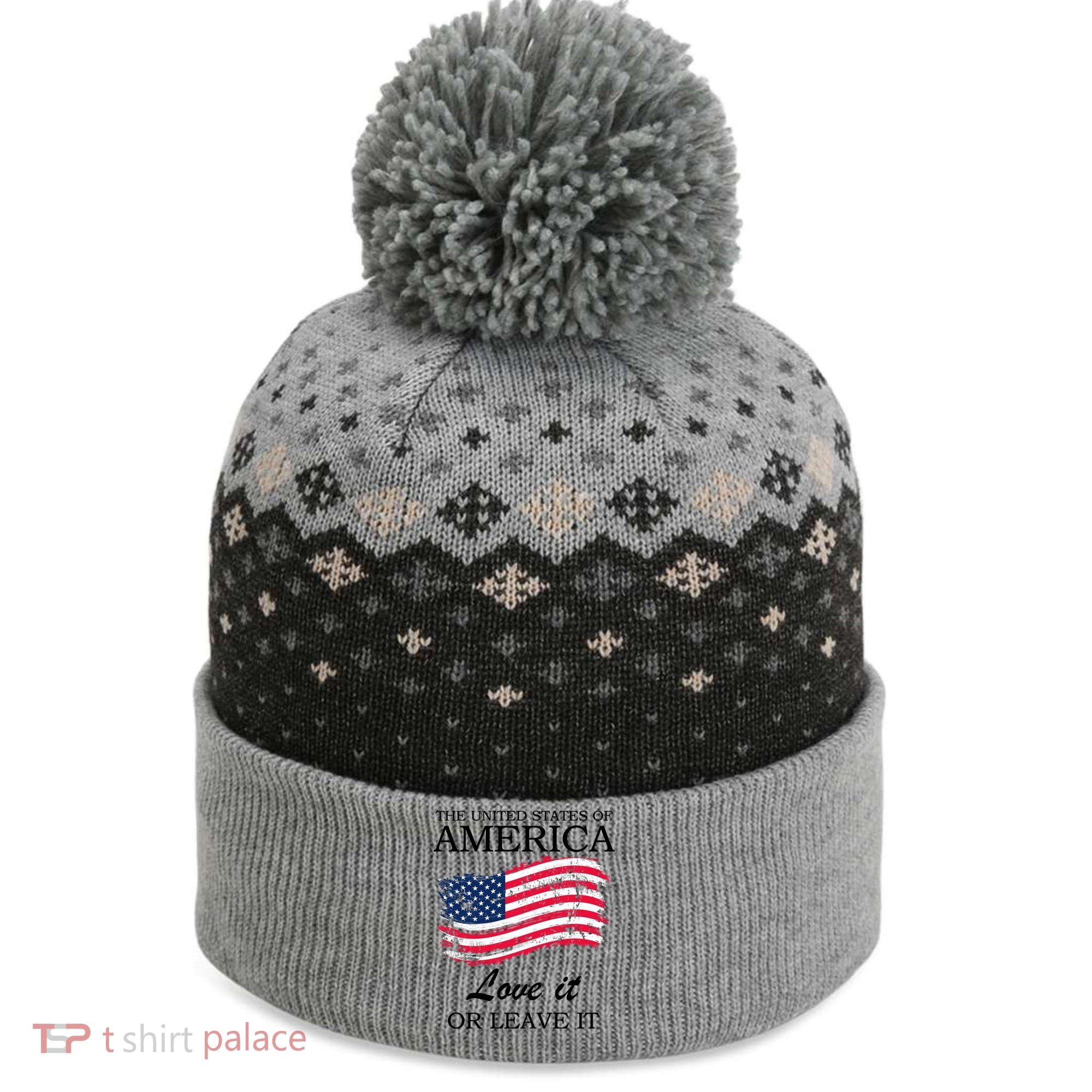 The USA Love It Or Leave It The Baniff Cuffed Pom Beanie