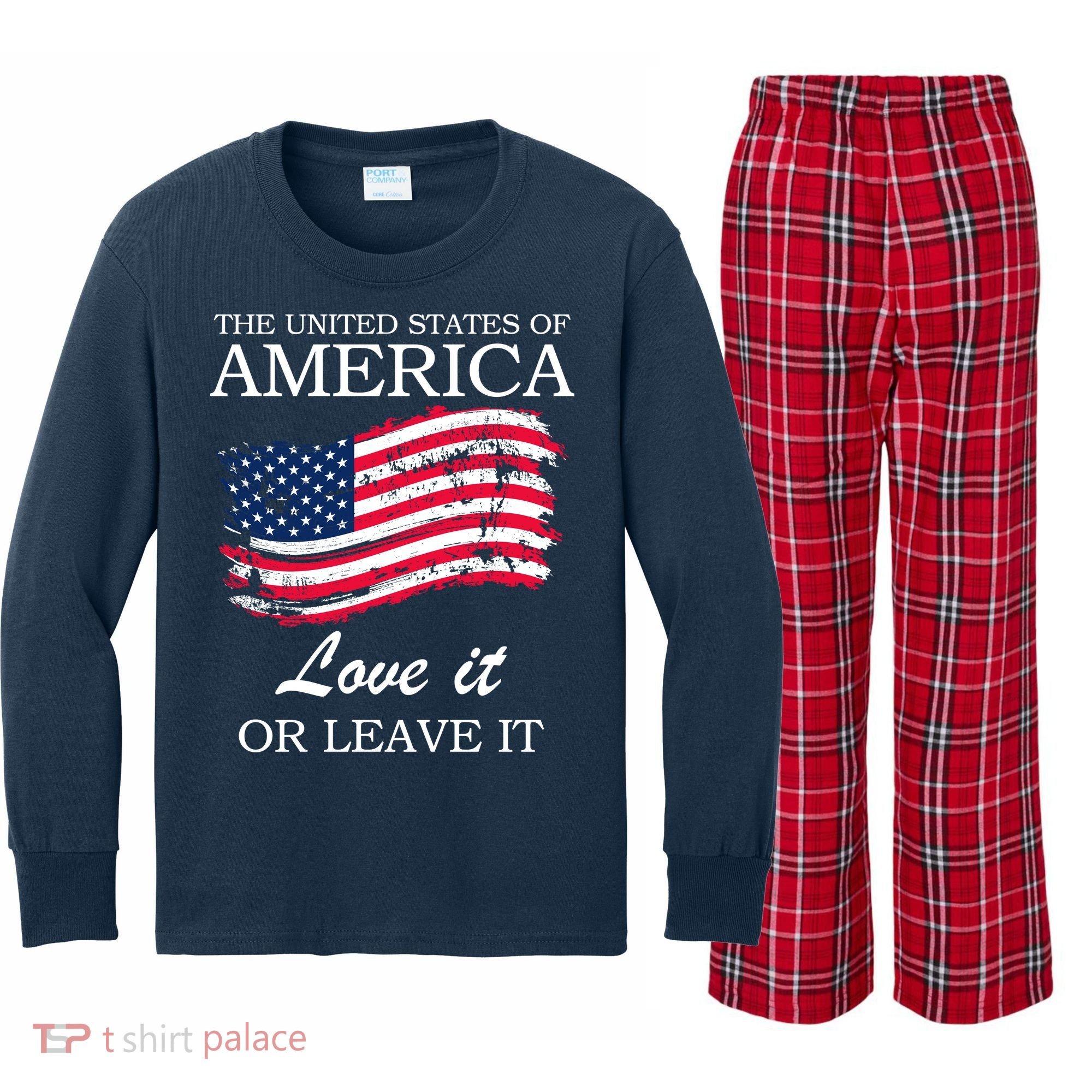 The USA Love It Or Leave It Kids Long Sleeve Plaid Pajama Set