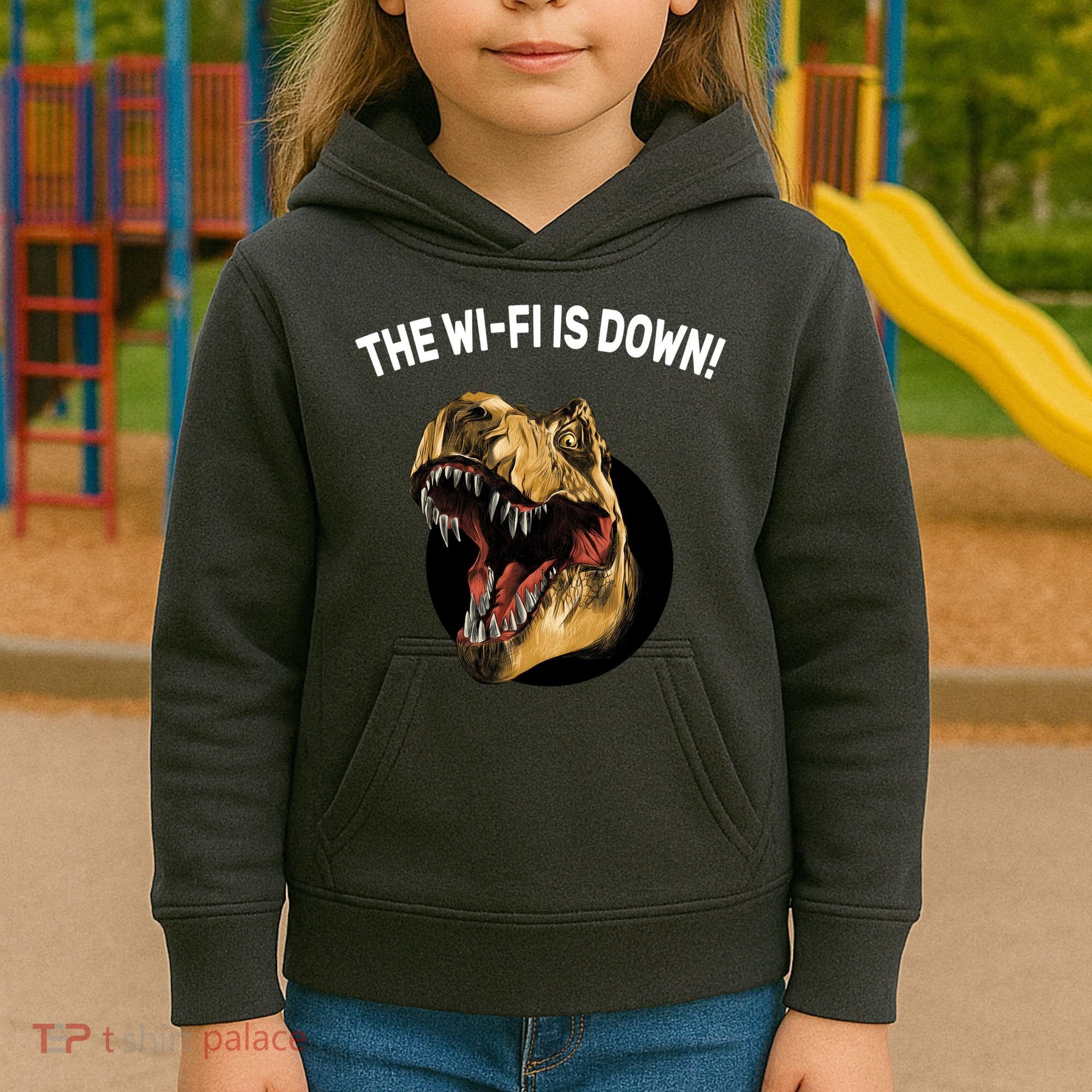 The Wifi Is Down Funny T-rex Kids Hoodie