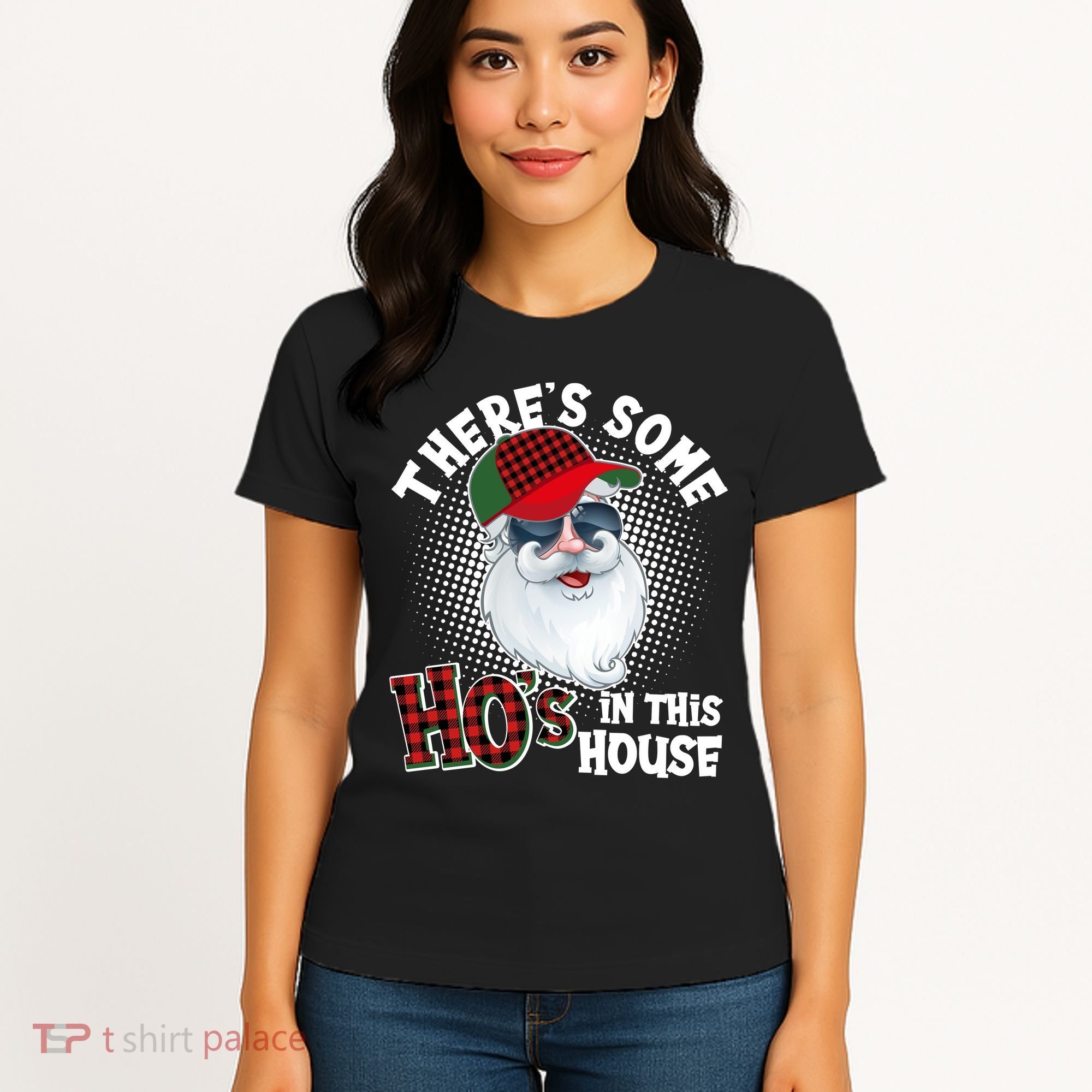There's Some Ho's In This House Plaid Santa Women's T-Shirt