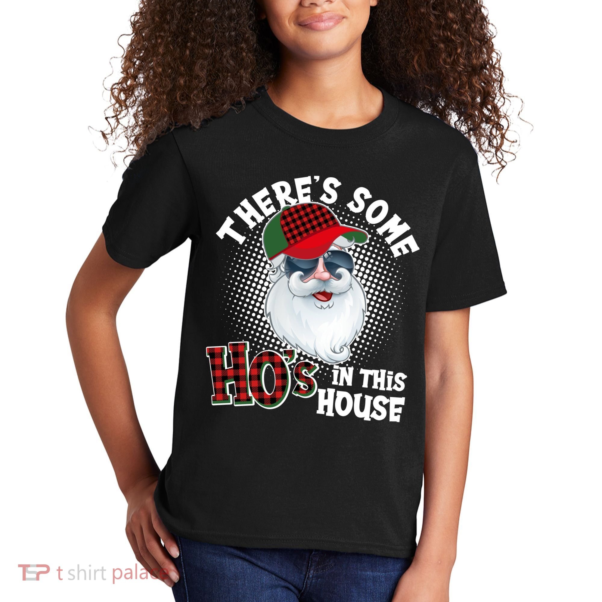 There's Some Ho's In This House Plaid Santa Kids T-Shirt