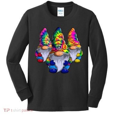 Three Hippie Gnomes Peace Gnome Funny Retro Tie Diy Design Kids Long Sleeve Shirt