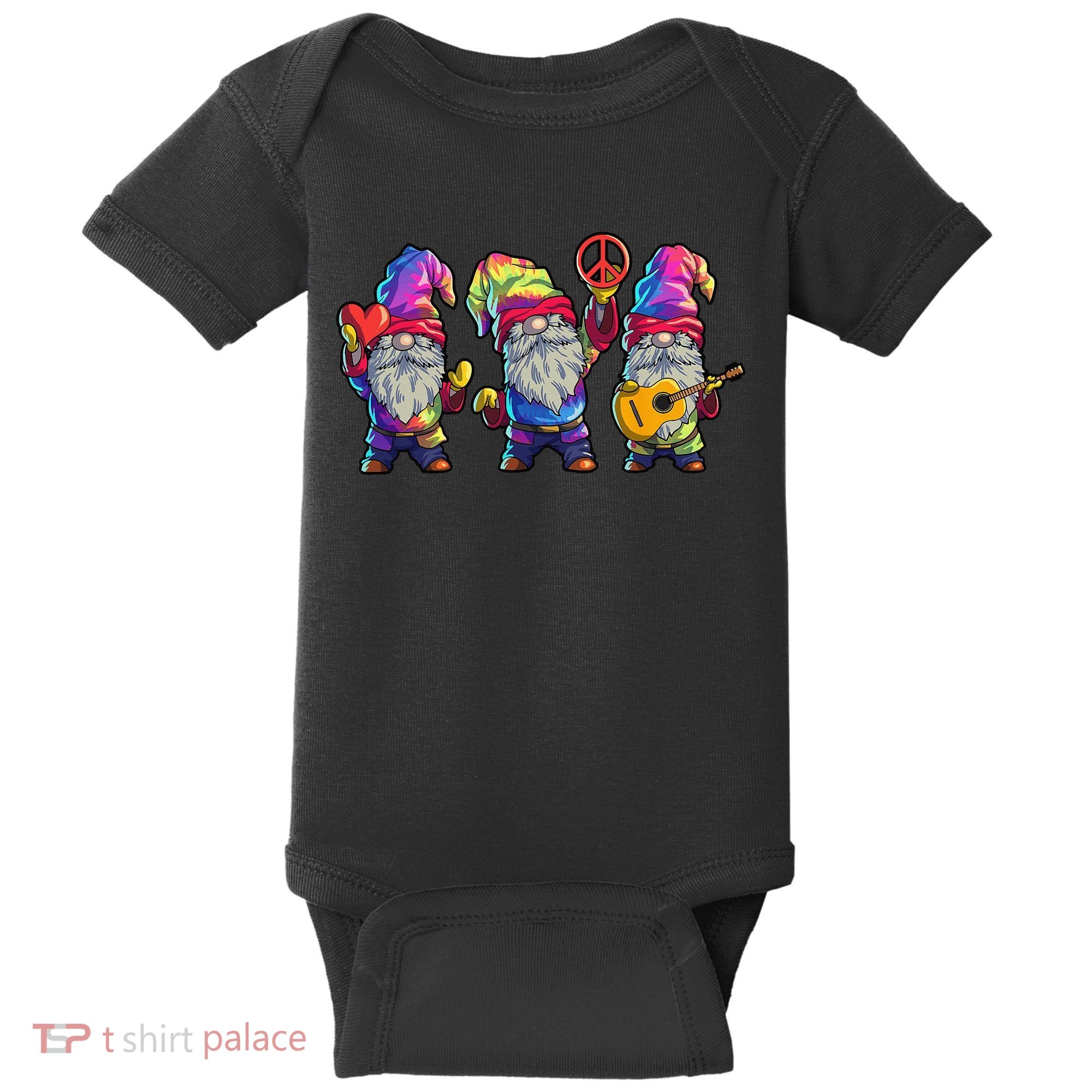 Three Hippie Gnomes Tie Dye Retro Hat Peace Gnome Baby Bodysuit