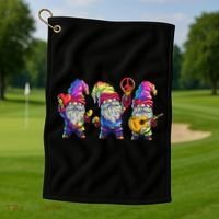 Three Hippie Gnomes Tie Dye Retro Hat Peace Gnome Golf Towel thumb 1