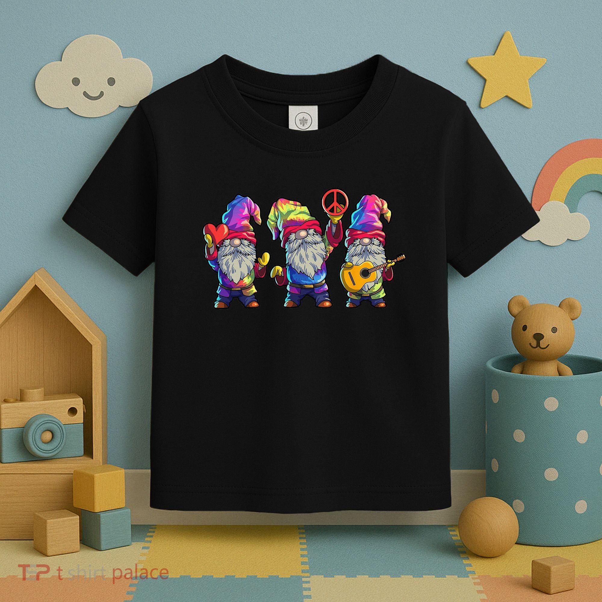 Three Hippie Gnomes Tie Dye Retro Hat Peace Gnome Toddler T-Shirt