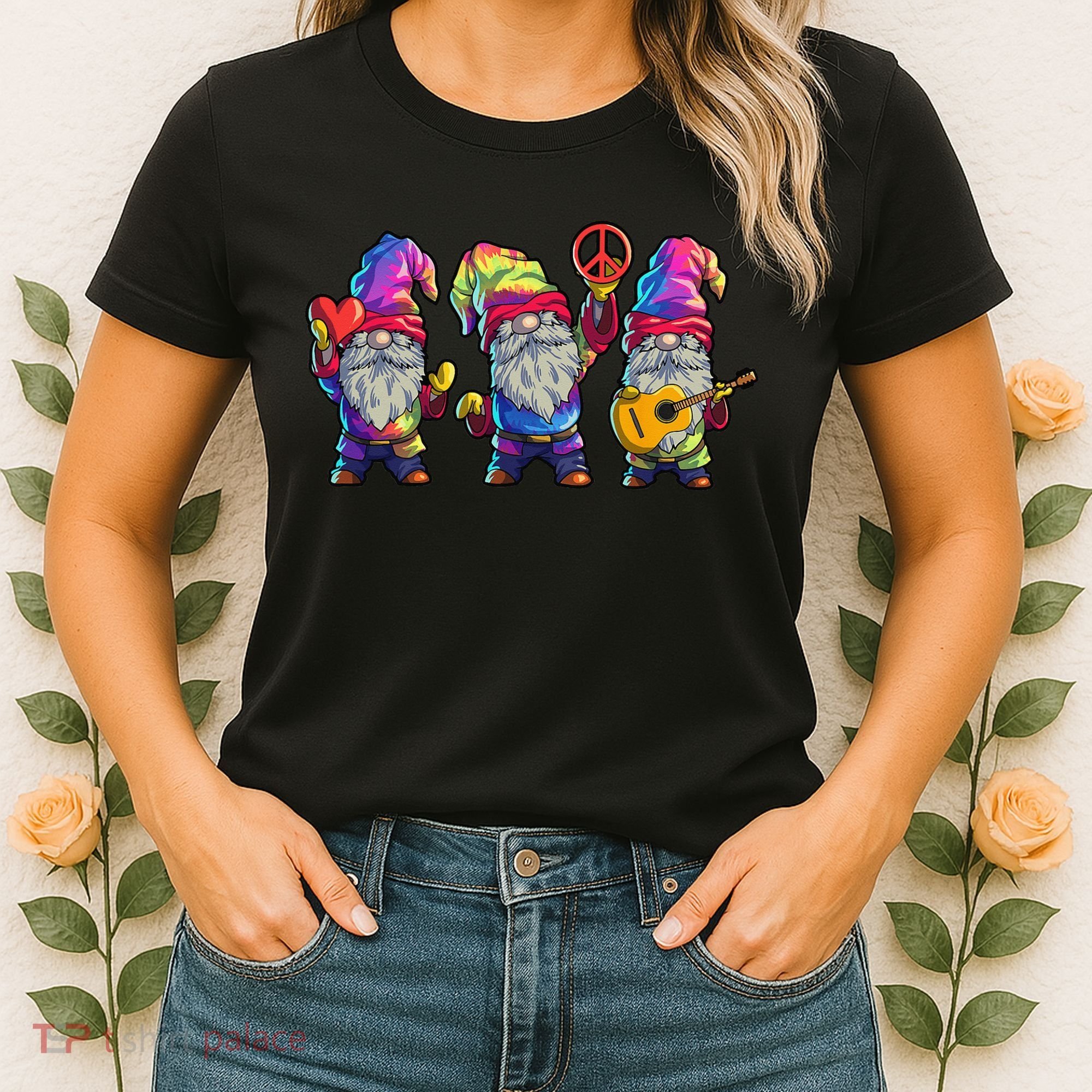 Three Hippie Gnomes Tie Dye Retro Hat Peace Gnome Women's T-Shirt