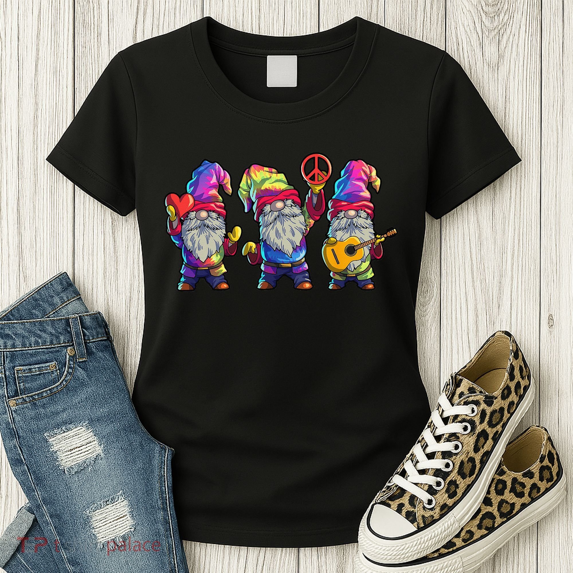 Three Hippie Gnomes Tie Dye Retro Hat Peace Gnome Women's T-Shirt