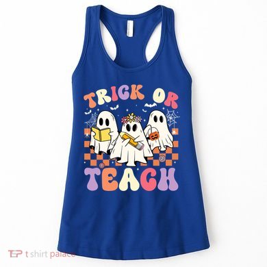 Teacher Halloween Ghost Trick Or Teach Retro Groovy Funny Gift Women's Tank Top
